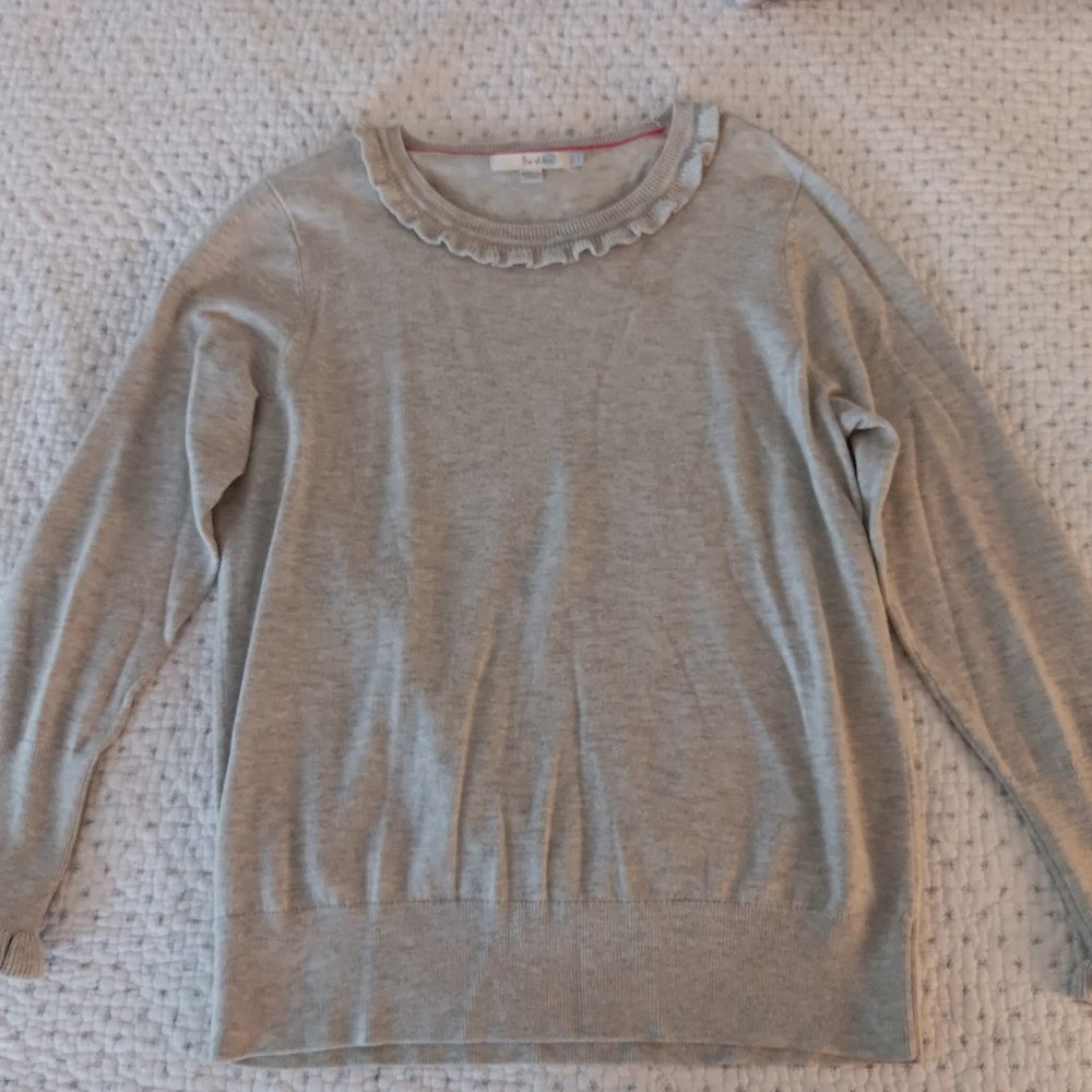 Boden gray long sleeved sweater with ruffle trim